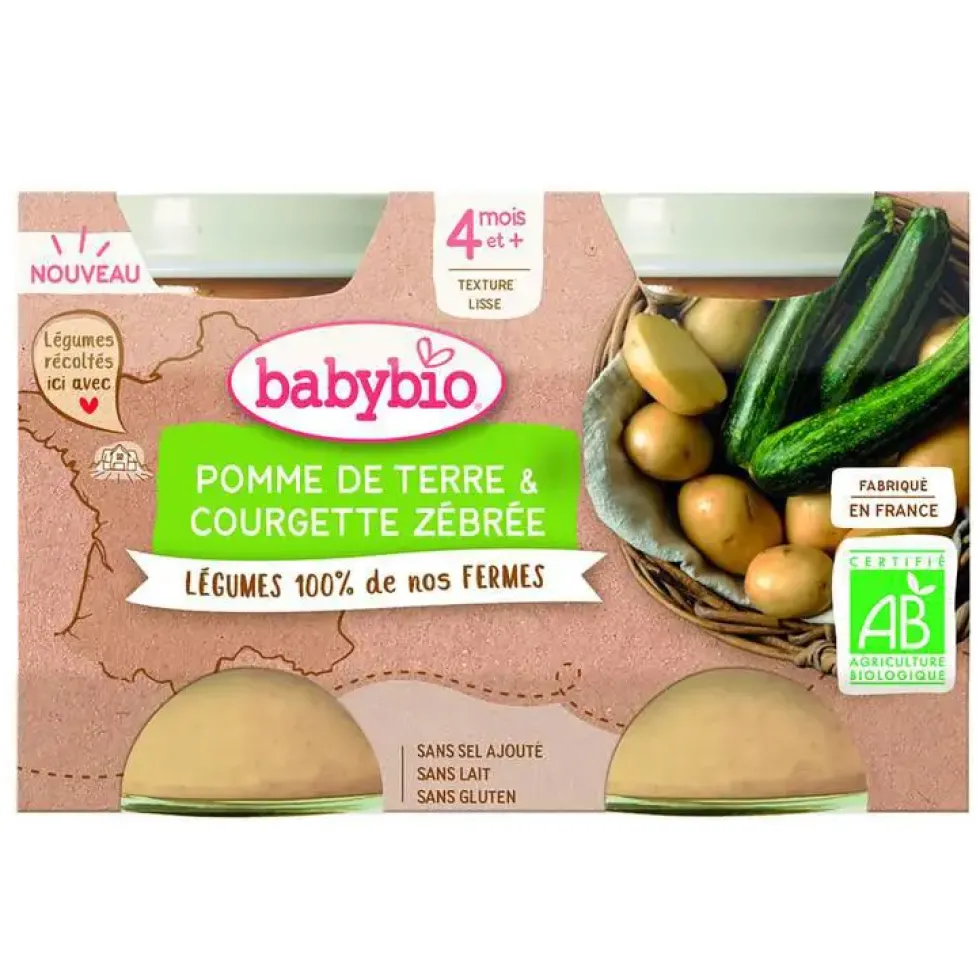 Petits pots pour bébé dès 4 mois pomme de terres et courgette zébrée Babybio Légumes de nos fermes – 2 x 130 g