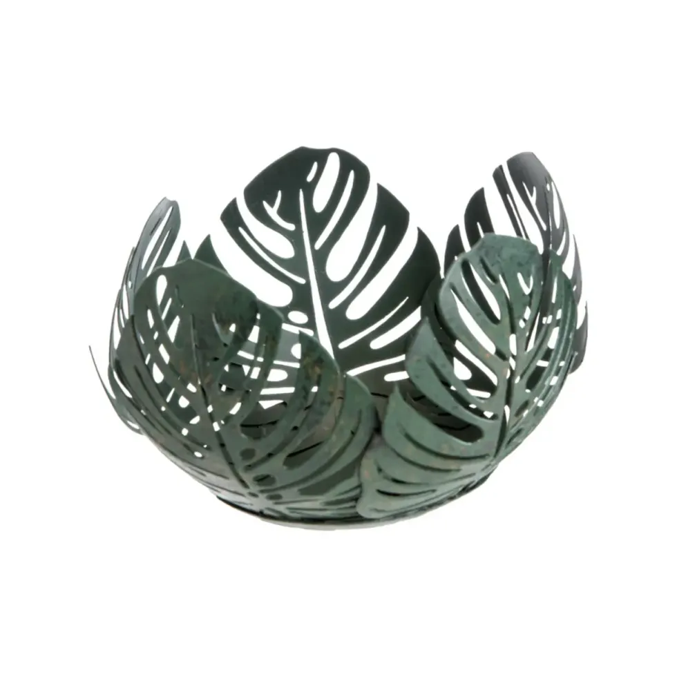 Photophore en forme de feuilles en métal vert - Ø 10 x H 7,5 cm
