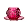 Photophore rond en verre fuchsia sur coupelle assortie - 12 x 8 cm