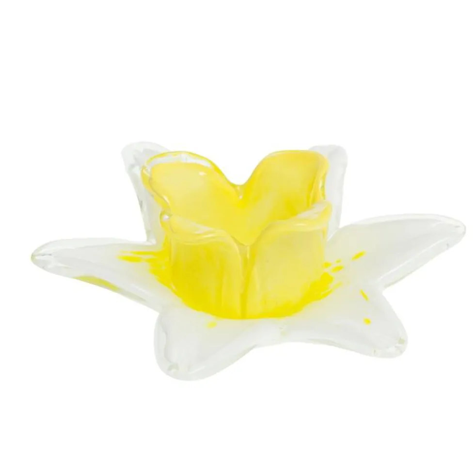 Photophore sulfure en verre blanc et jaune forme jonquille - 11 x 7 x 5 cm