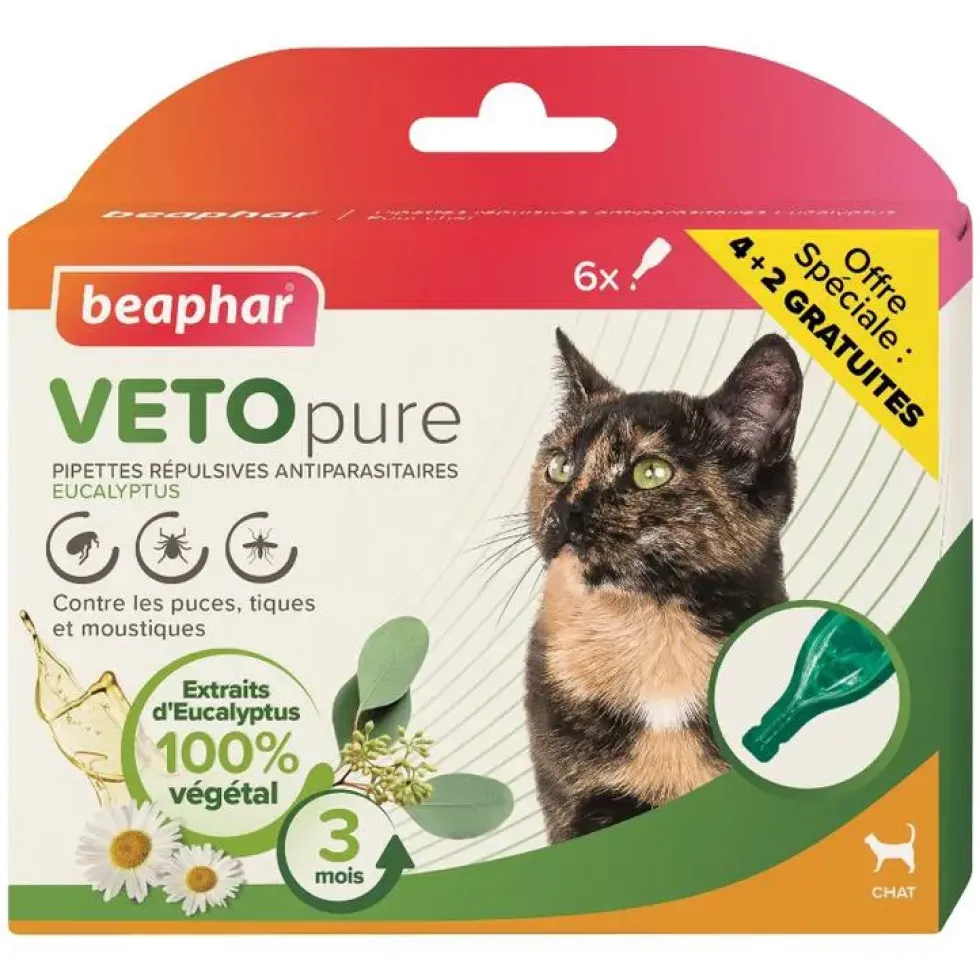 Pipettes antiparasitaires pour le chat coloris blanc VETOpure Beaphar – 6 x 1 ml dont 2 offertes