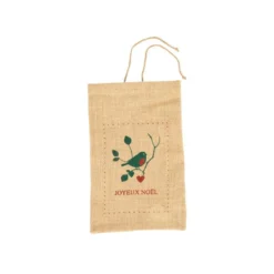 Pochette cadeau en jute décor oiseau vert et rouge - 25 x 40 cm