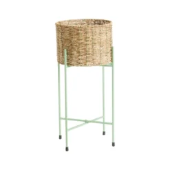 Porte-plante rond en osier avec socle pliant en métal vert grand modèle - Ø 29,5 x H 60 cm