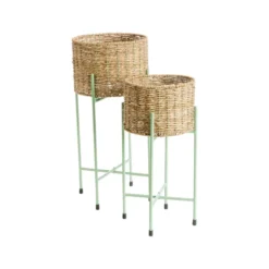 Porte-plante rond en osier avec socle pliant en métal vert grand modèle - Ø 29,5 x H 60 cm