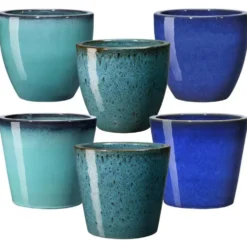 Pot vase en terre cuite émaillée bleu Deroma Azulejos - Ø 36 x H 32 cm