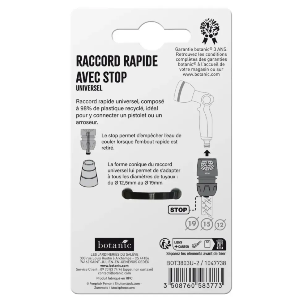 Raccord rapide avec stop universel botanic® pour tuyaux Ø 12,5 à 19 mm