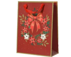 Sac cadeau en papier métallisé rouge décor couronne et nœud grand modèle - 12 x 30 x 42 cm