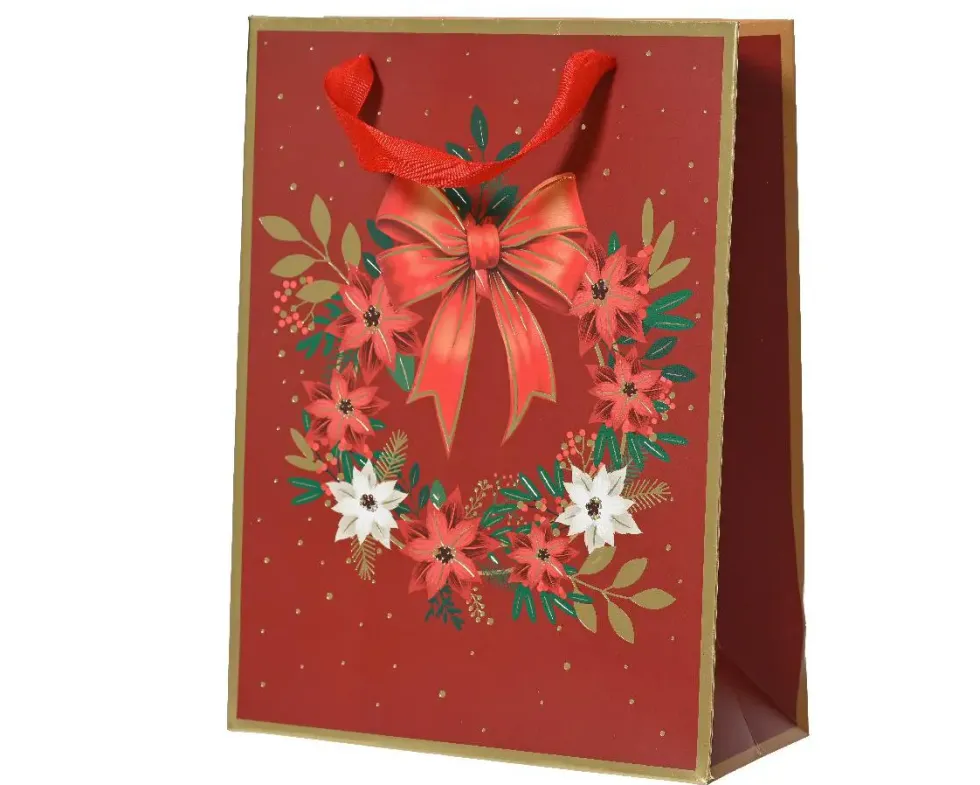 Sac cadeau en papier métallisé rouge décor couronne et nœud grand modèle - 12 x 30 x 42 cm