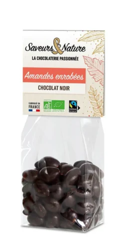 Sachet d'amandes entières enrobées chocolat noir bio Saveur et Nature - 150 g
