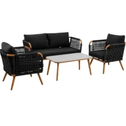 Salon de jardin en aluminium coloris noir Taormina - 4 éléments (canapé, table basse et deux fauteuils)