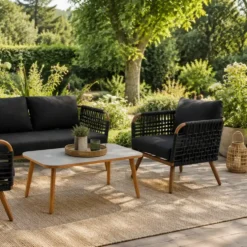 Salon de jardin en aluminium coloris noir Taormina - 4 éléments (canapé, table basse et deux fauteuils)