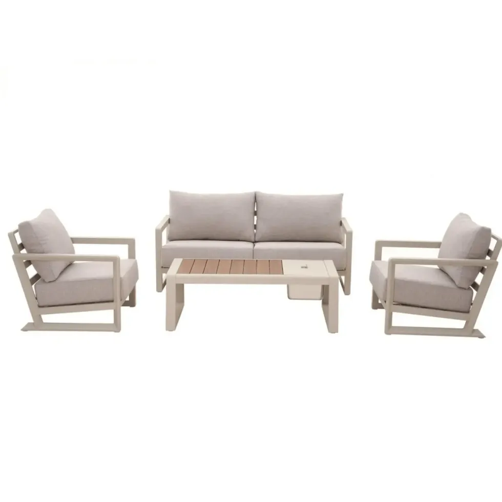 Salon de jardin en aluminium coloris crème et chêne Perth - 4 éléments (canapé, table basse et deux fauteuils)