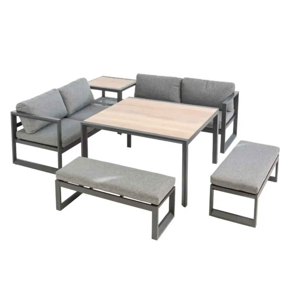 Salon de jardin en aluminium graphite Cinto III - 6 éléments (deux banquettes, deux bancs, table d'angle et table haute carrée)