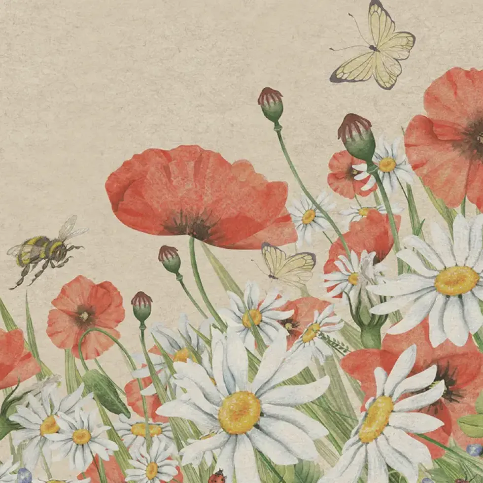 Serviette en papier recyclé 2 plis motif fleurs Floral Poppies x 25 - 33 x 33 cm