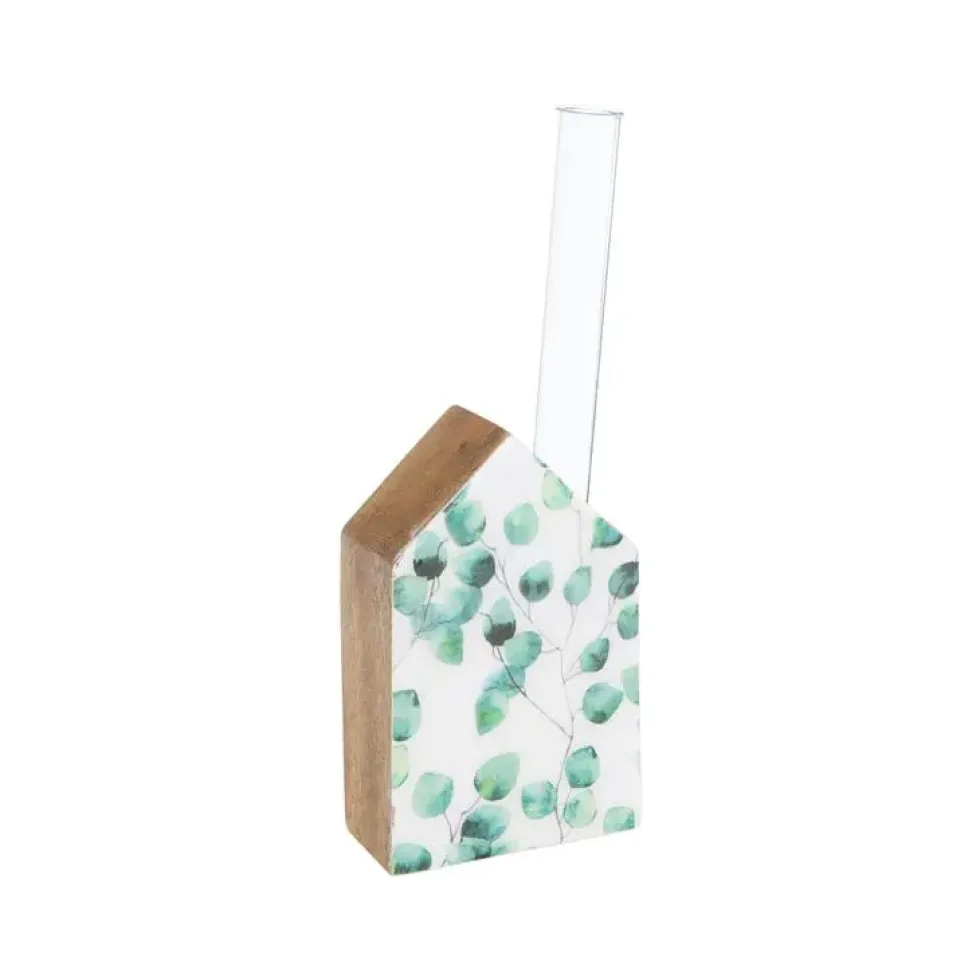 Soliflore avec maison en bois à décor de feuillage vert et blanc - 14 x 13 x 8 cm