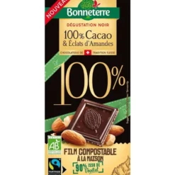 Tablette de chocolat 100 % cacao et amandes bio Bonneterre - 90 g