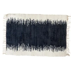 Tapis rectangulaire en coton coloris blanc et bleu avec des lignes – 60 x 90 cm