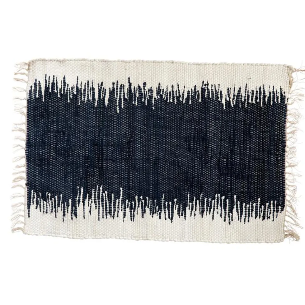 Tapis rectangulaire en coton coloris blanc et bleu avec des lignes – 60 x 90 cm