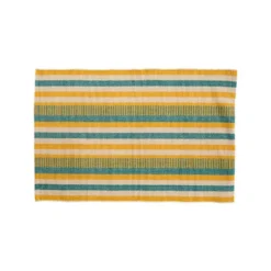 Tapis tissé à lignes jaunes et bleues en coton - 60 x 90 cm