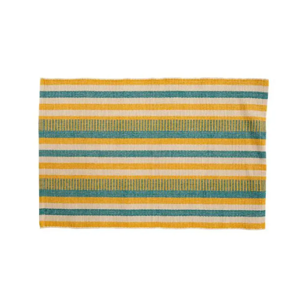 Tapis tissé à lignes jaunes et bleues en coton - 60 x 90 cm