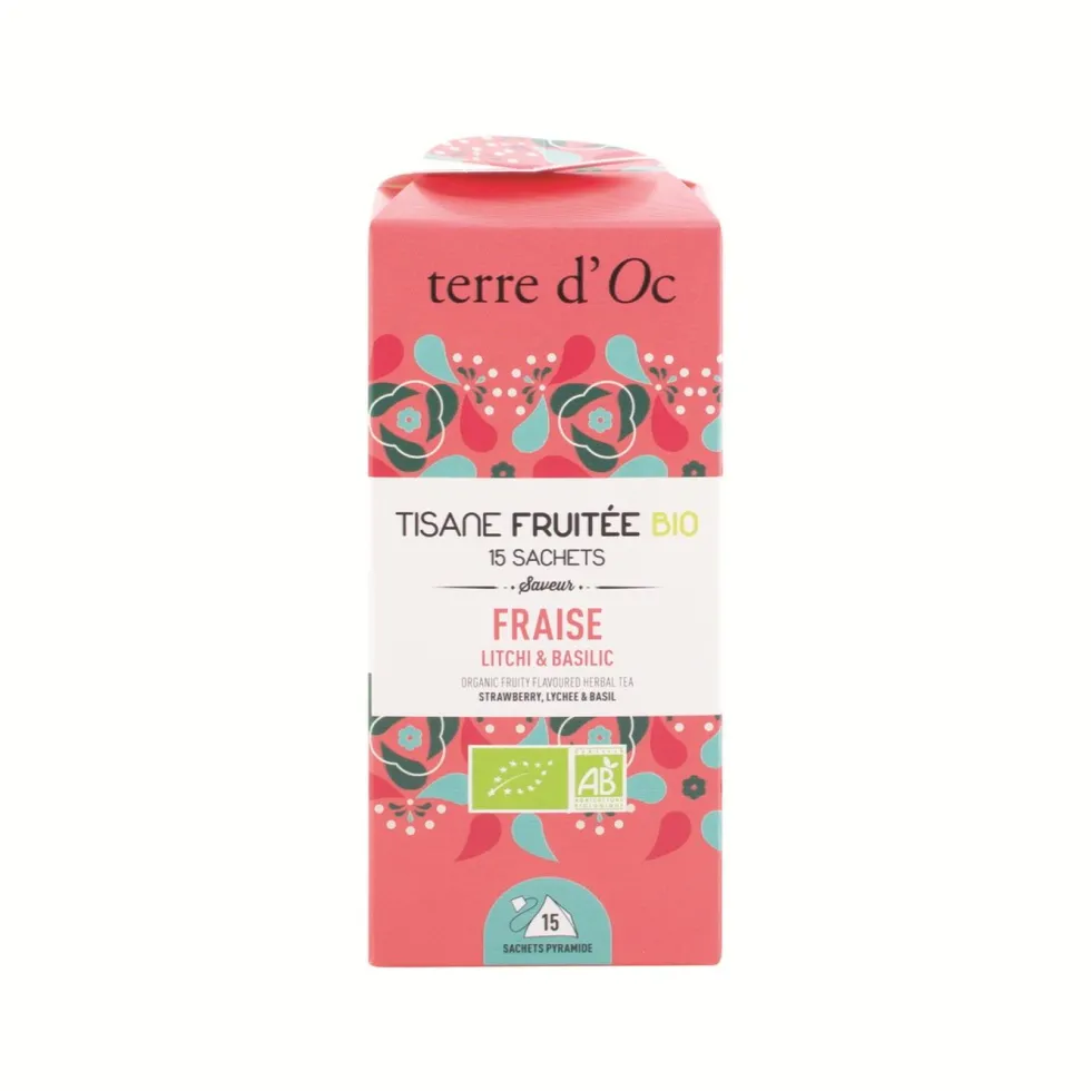 Tisane bio fruitée fraise litchi basilic Terre d’Oc - 15 infusettes