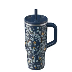 Travel cup isotherme en inox à motifs fleurs bleu nuit avec bouchon étanche Qwetch - 900 ml