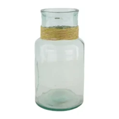 Vase en verre recyclé vert transparent et raphia - Ø 15 x 28 cm