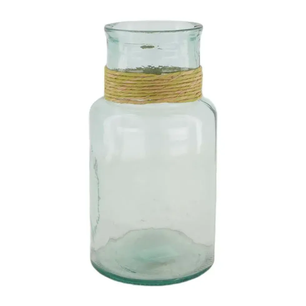 Vase en verre recyclé vert transparent et raphia - Ø 15 x 28 cm
